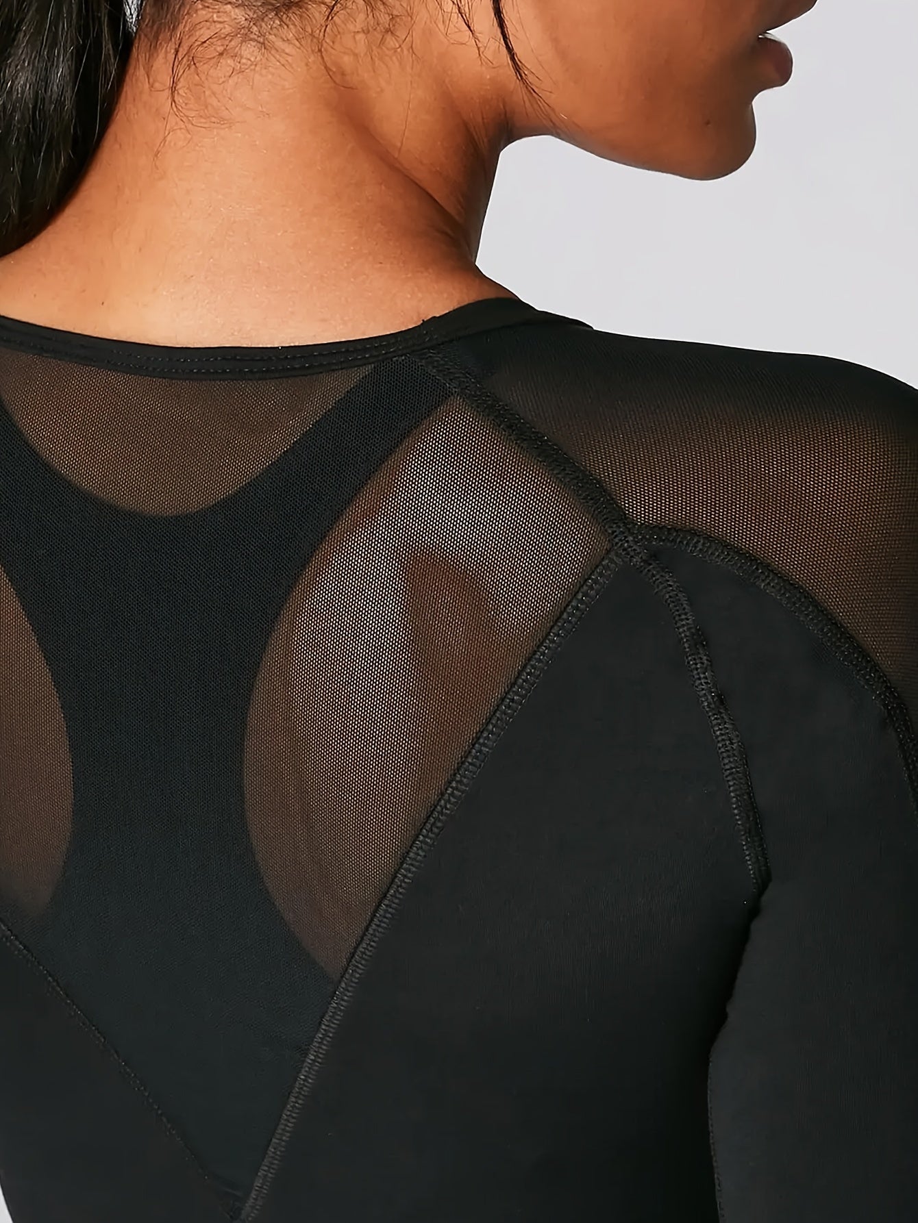 Solid Mesh Contrast Sports Top Long Sleeve Casual Yoga T-shirt