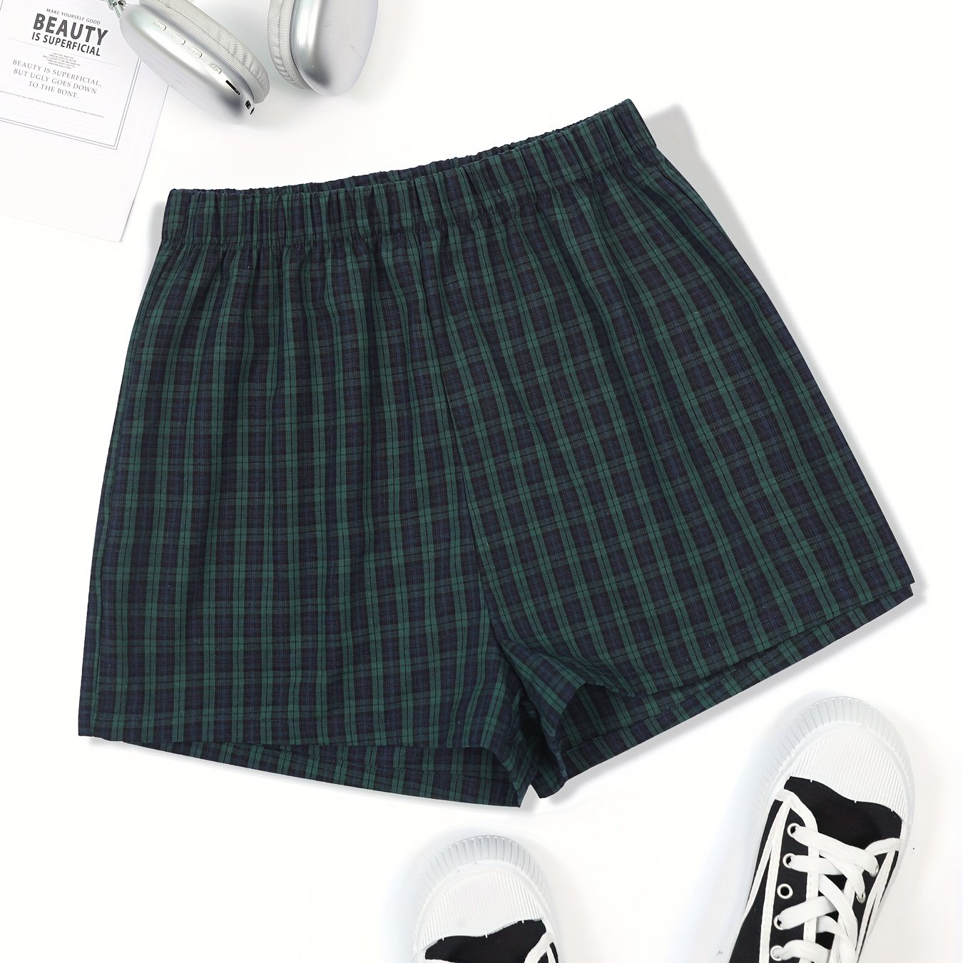 Plaid Pattern Elastic Waist Shorts for Women