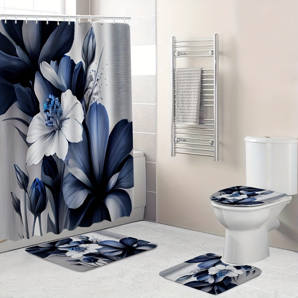 Flower Shower Curtain & Rug Set with 12 Hooks
