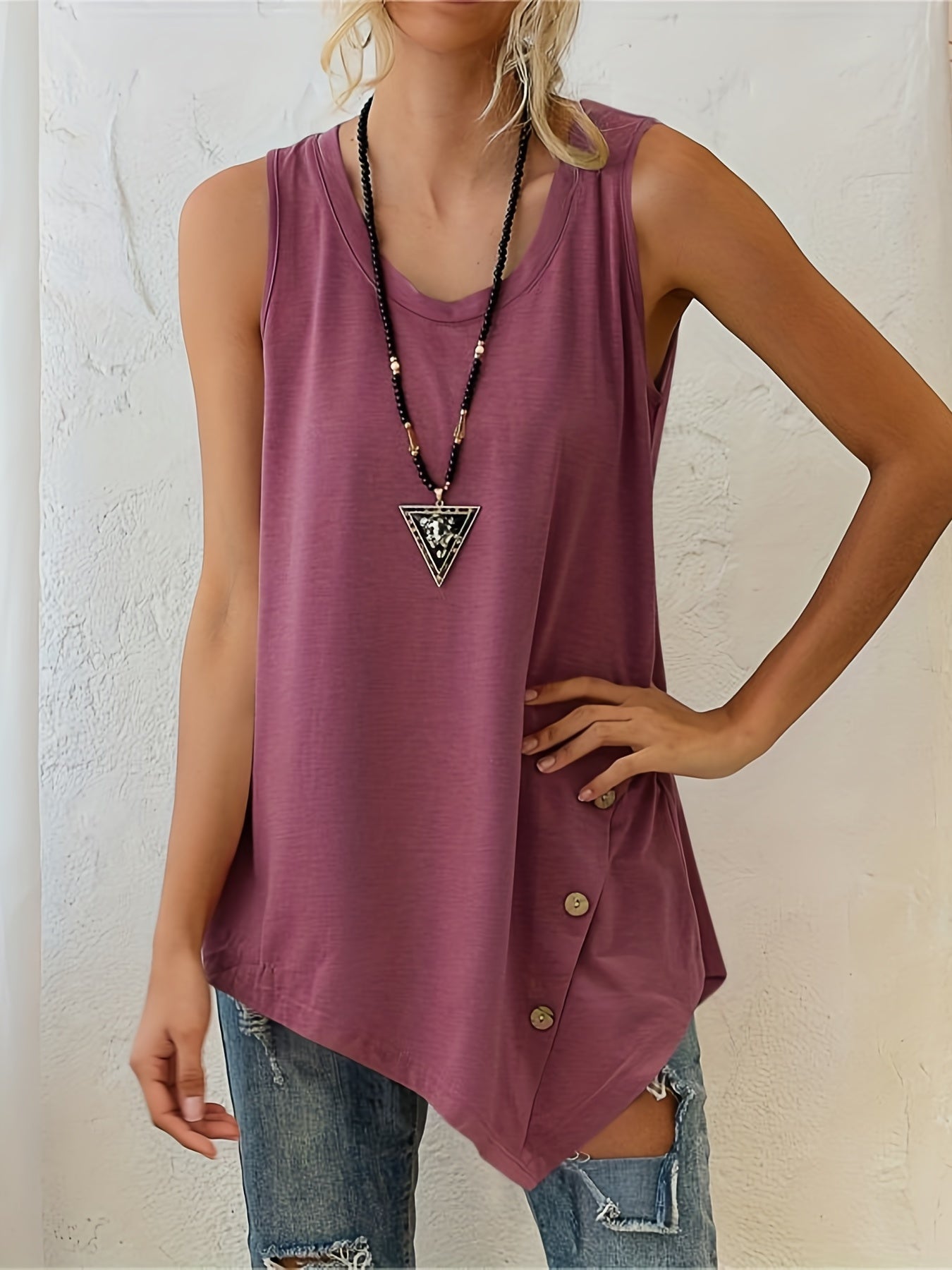 Button Decor Crew Neck Sleeveless Tank Top for Summer