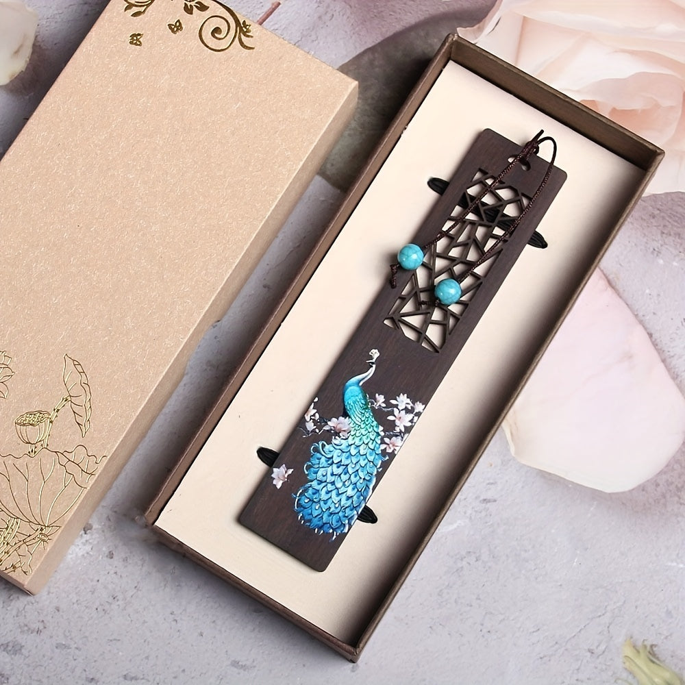 Wooden Painted Peacock Bookmark Chinese Style Peafowl Pendant