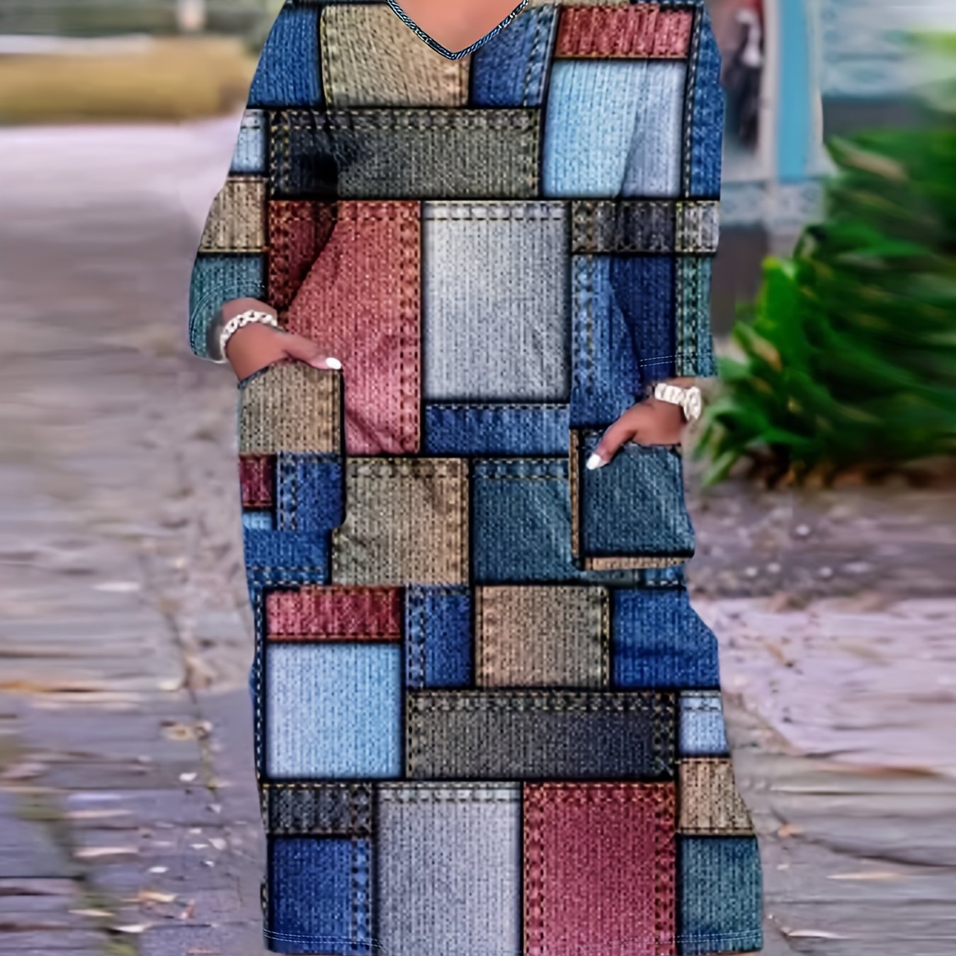 Denim Print Long Sleeve Maxi Dress With Pockets