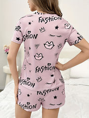 Letter Print Pajama Set Short Sleeve Crew Neck Top & Elastic Waistband Shorts