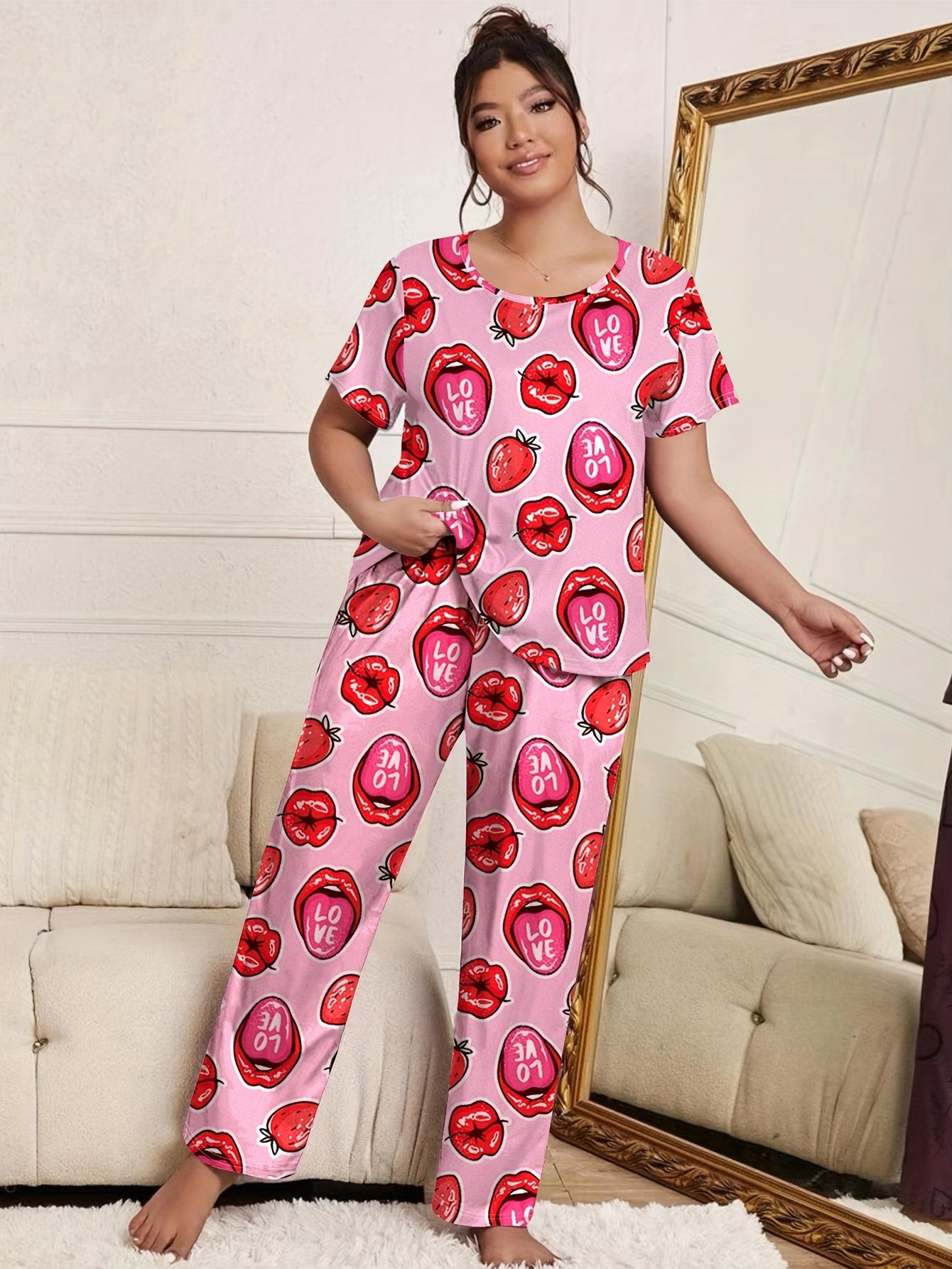 Strawberry & Lip Print Short Sleeve Pajama Set