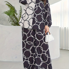 Geometric Print Button Up Blouse & Wide Leg Pants Set