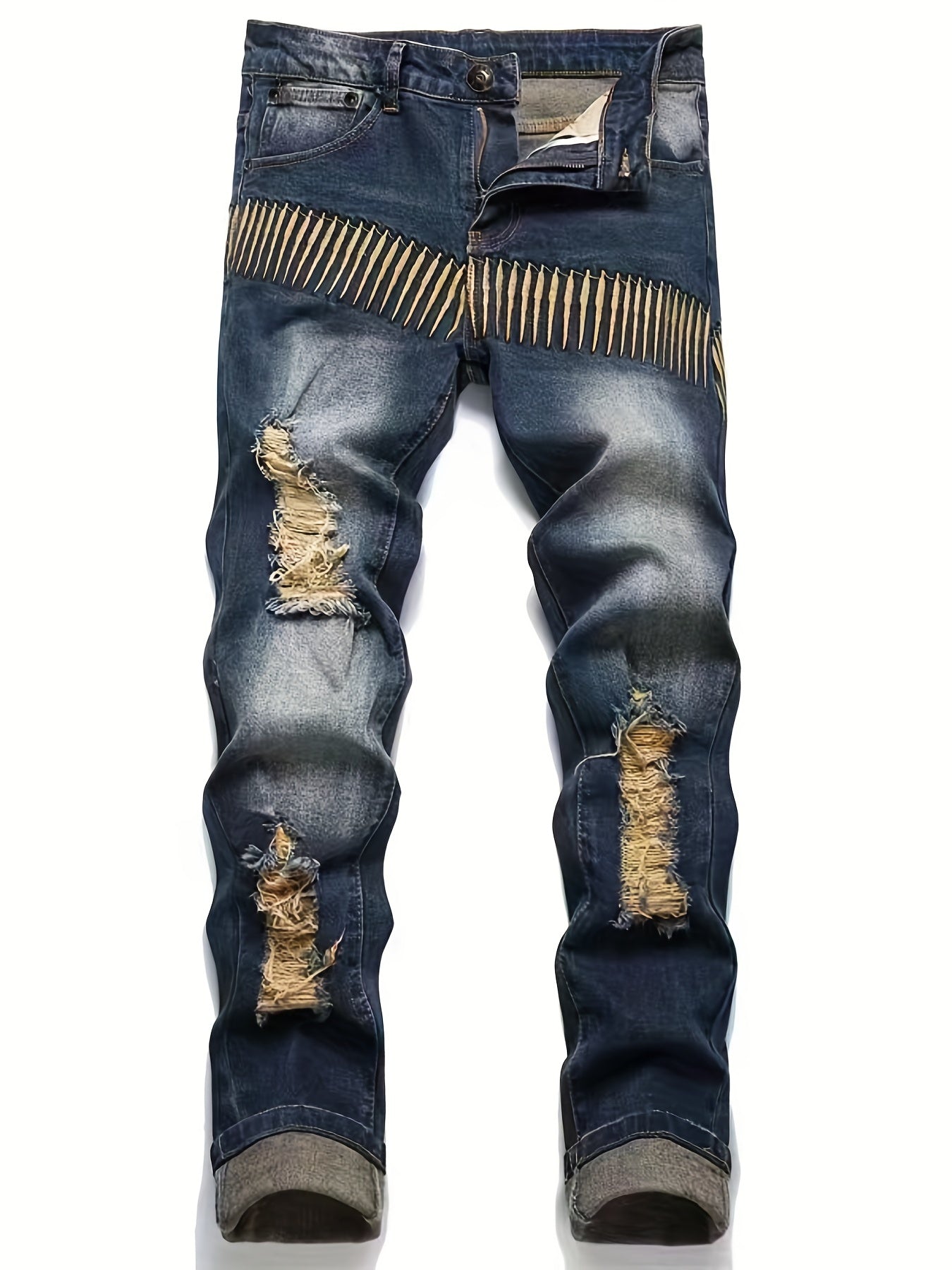 Men's Casual Slim Fit Stretch Denim Jeans with Butterfly Print