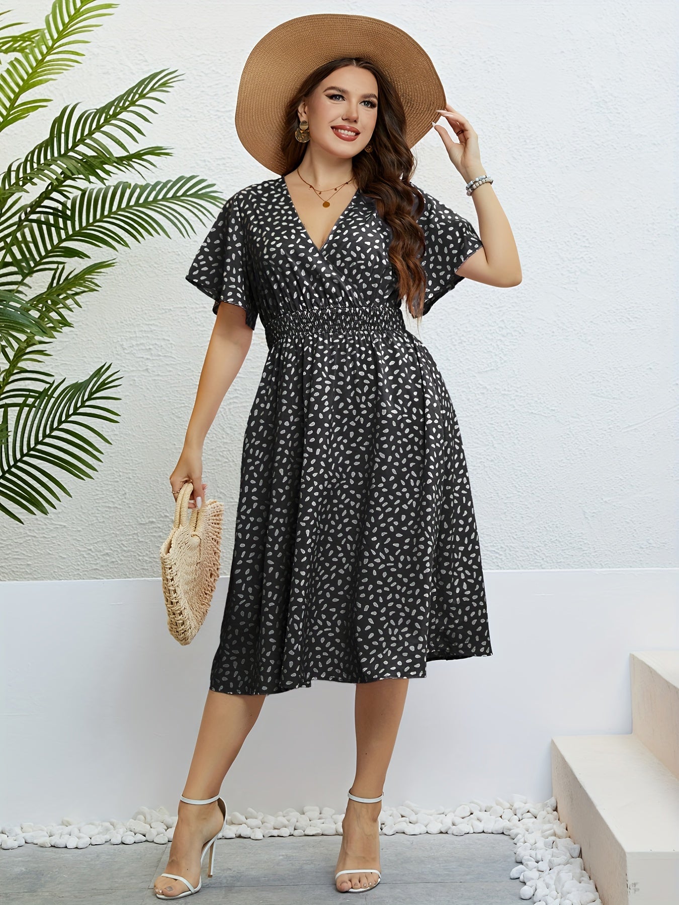 Butterfly Sleeve Surplice Neck Waist Pleated Dress