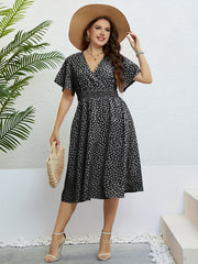 Butterfly Sleeve Surplice Neck Waist Pleated Dress