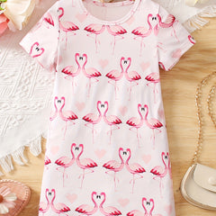 Girls Flamingo Graphic T-shirt Dress for Summer
