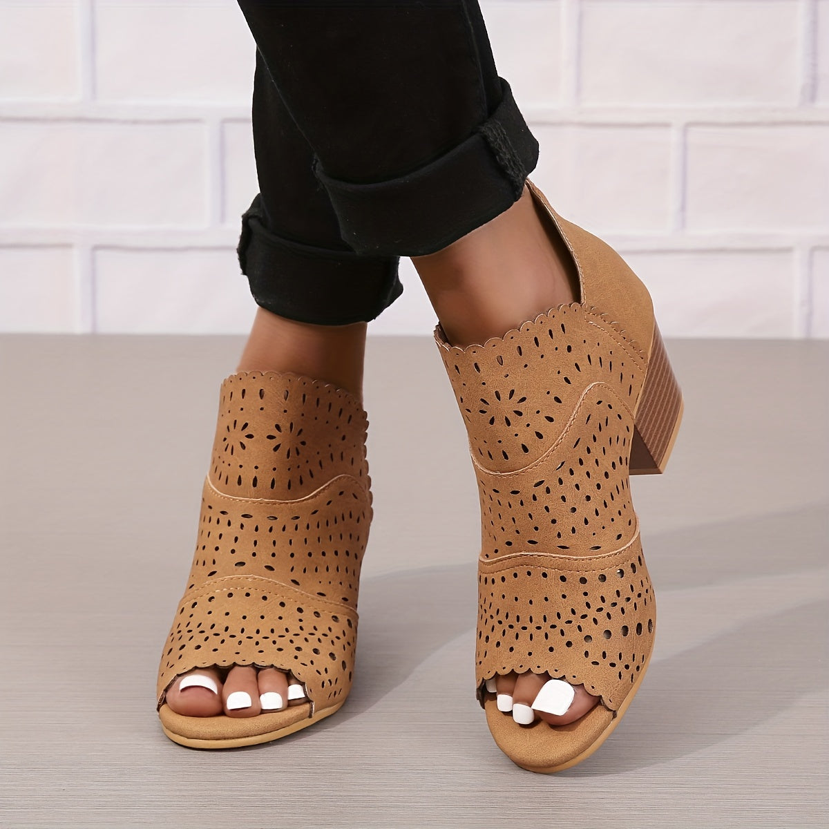 Chunky Heeled Sandals Peep Toe Hollow Out Back Zipper Mid Heels