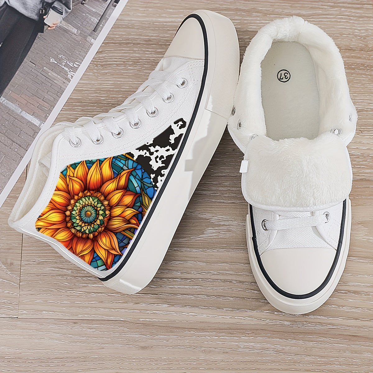 Flower Print Plush Lined Thermal Chunky Canvas Sneakers