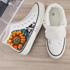 Flower Print Plush Lined Thermal Chunky Canvas Sneakers