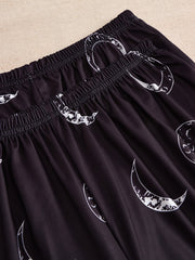 Moon Print Pajamas Set Short Sleeve Top & Shorts & Pants