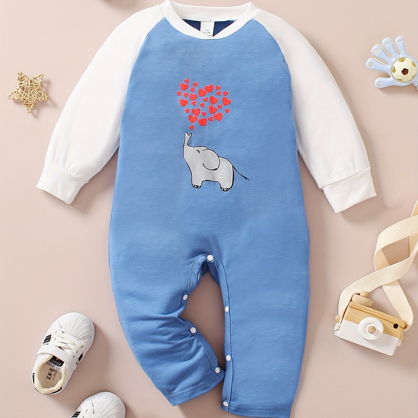 Baby Boys Elephant Block Romper Long Sleeve Creeper Onesie