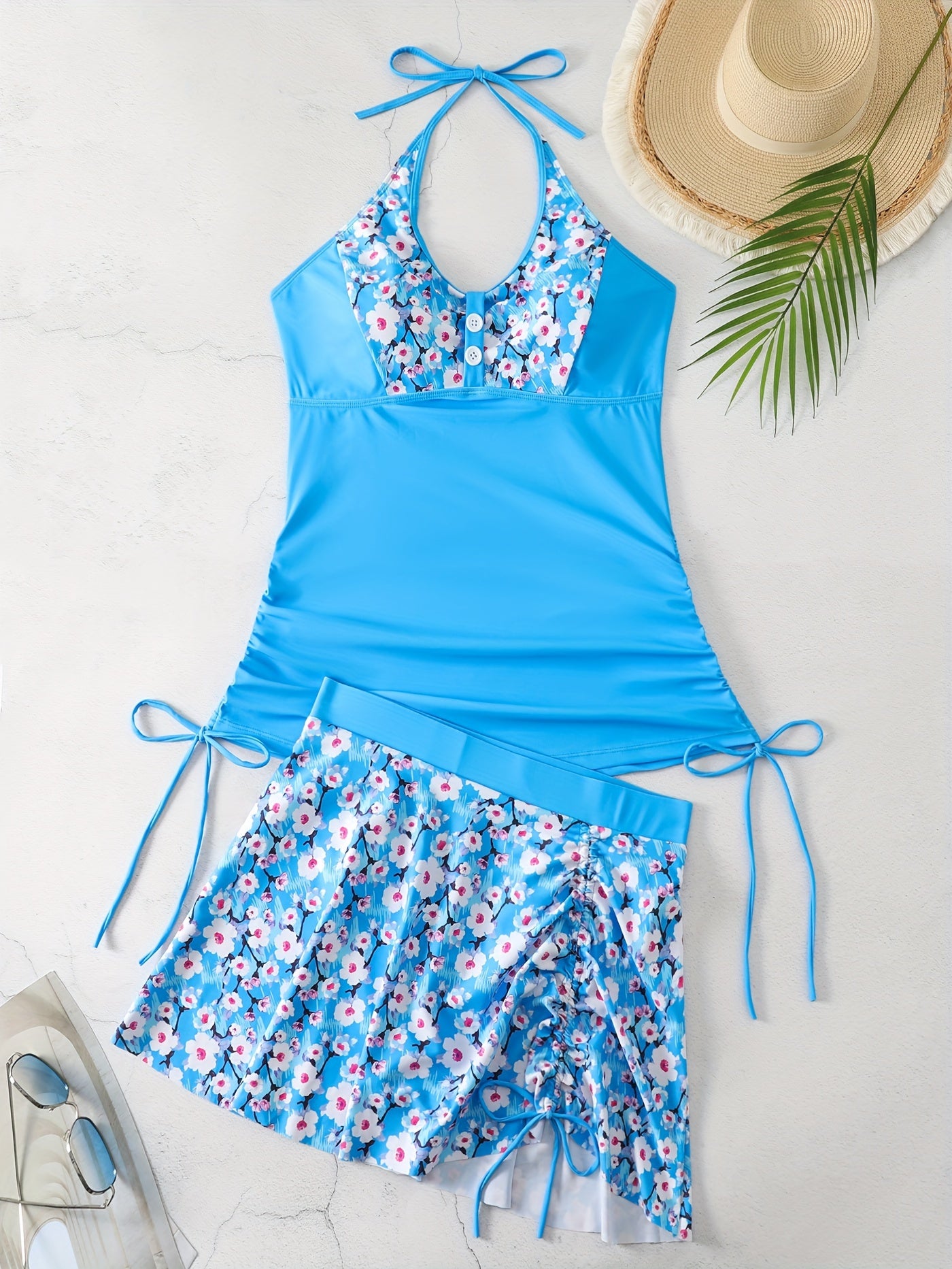 Modest Tankini Set Women's Plus Floral Print Button Decor Lace Up Halt
