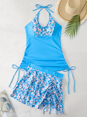 Modest Tankini Set Women's Plus Floral Print Button Decor Lace Up Halt