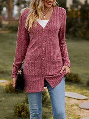 Ribbed Knit Button-Up Cardigan with Pockets