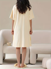 Bear Print Nightdress Crew Neck Short Sleeve Sleep Dress Women's Sleepwear