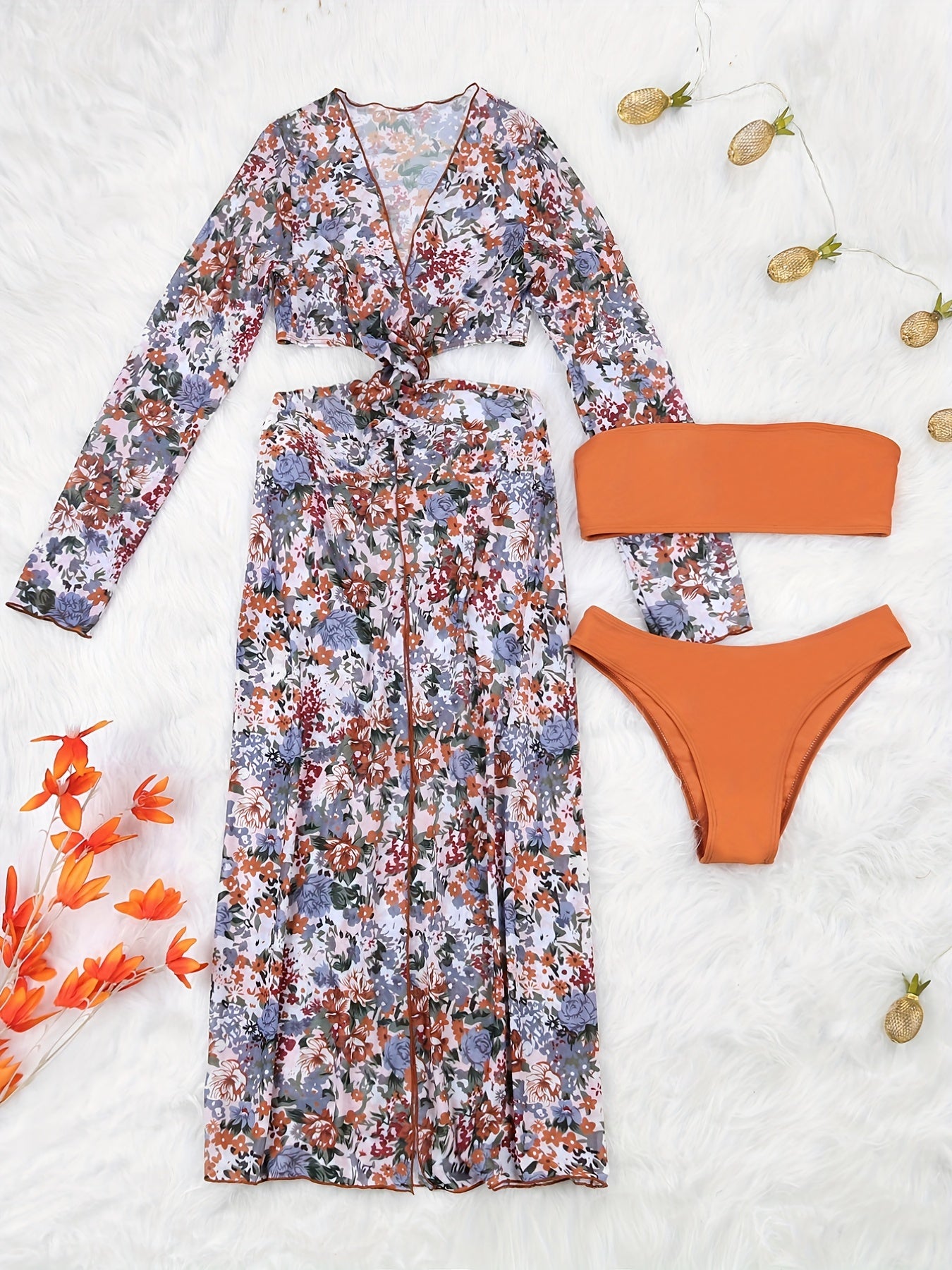 Floral Bandeau Bikini Set With Long Sleeve Cover Up