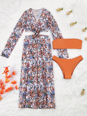 Floral Bandeau Bikini Set With Long Sleeve Cover Up