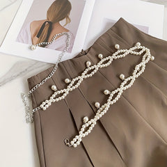 Double Layer Faux Pearl Chain Dress Girdle Pendant Chain Belt Waistband
