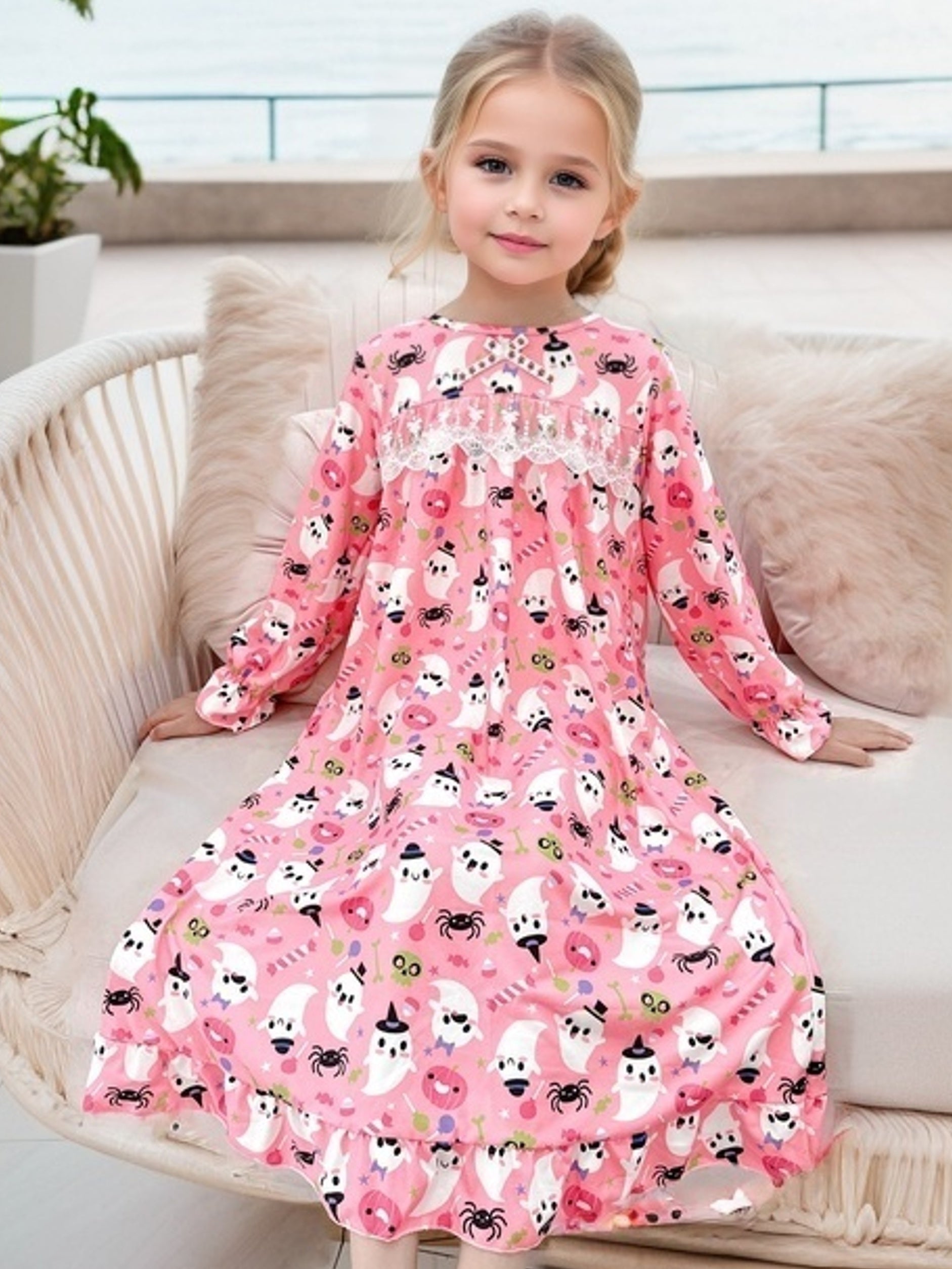 Ghost Pattern Girl's Nightgown Lace Decor Halloween Style Pajama