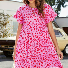 Ditsy Print Short Sleeve Round Neck Mini Smock Dress