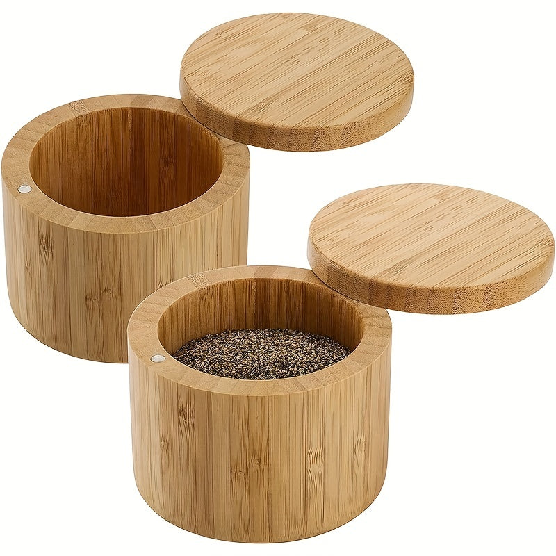 2pcs Bamboo Salt Box Salt Cellar Wooden Storage Box Spice Storage Box With Lid