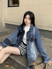 Women's Patchwork Lapel Denim Jacket Loose Fit Retro Style Coat