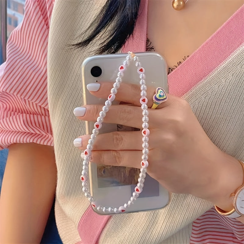 Resin Red Love Pearl Phone Lanyard Keychain for Girls