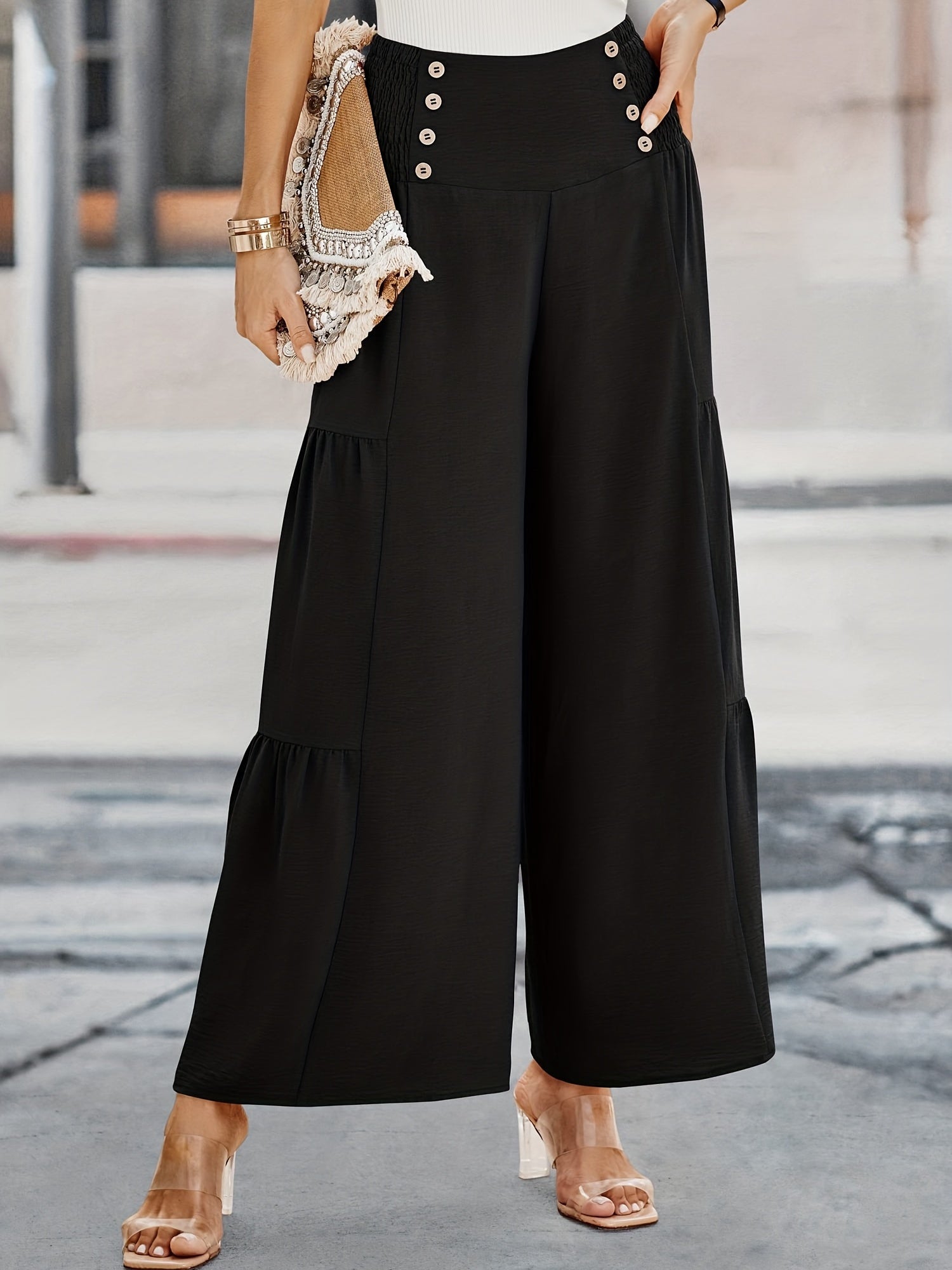 Solid Button Wide Leg Pants for Women