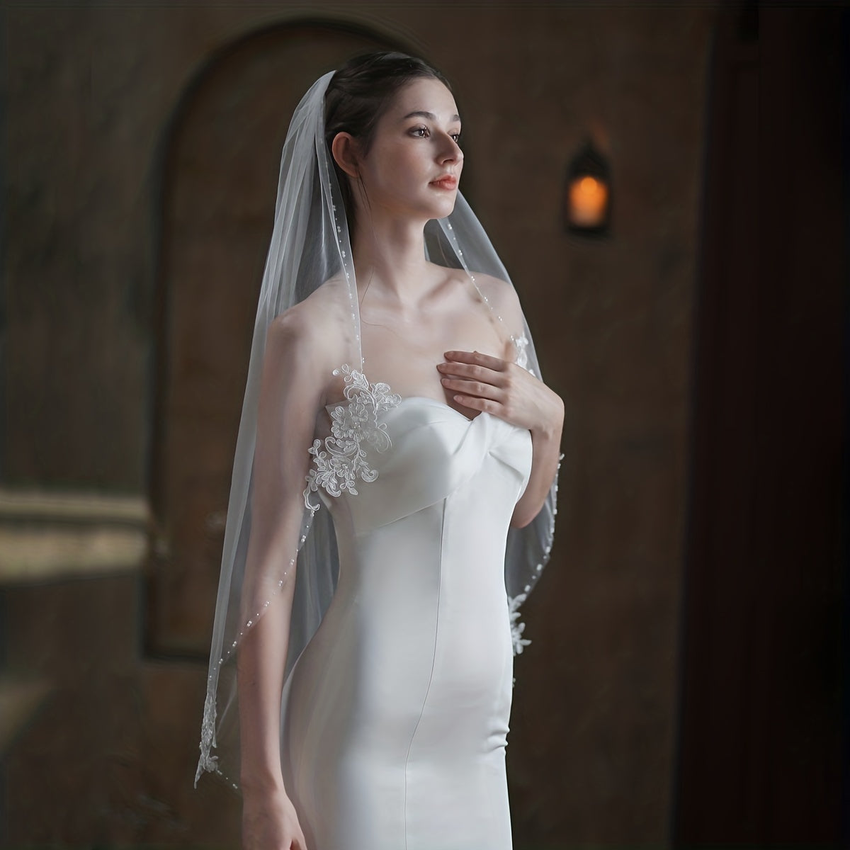 Beaded Wedding Veil 1 Layer Bridal Travel Photography Headdress