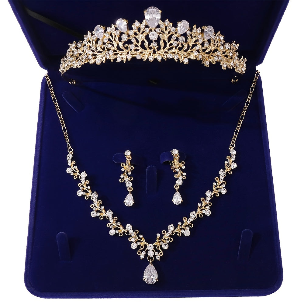 Crystal Leaf Bridal Jewelry Sets Rhinestone Crown Tiaras Necklace Earrings Set