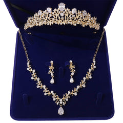 Crystal Leaf Bridal Jewelry Sets Rhinestone Crown Tiaras Necklace Earrings Set