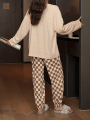 Cartoon Print Pajama Set Crew Neck Top & Plaid Pants