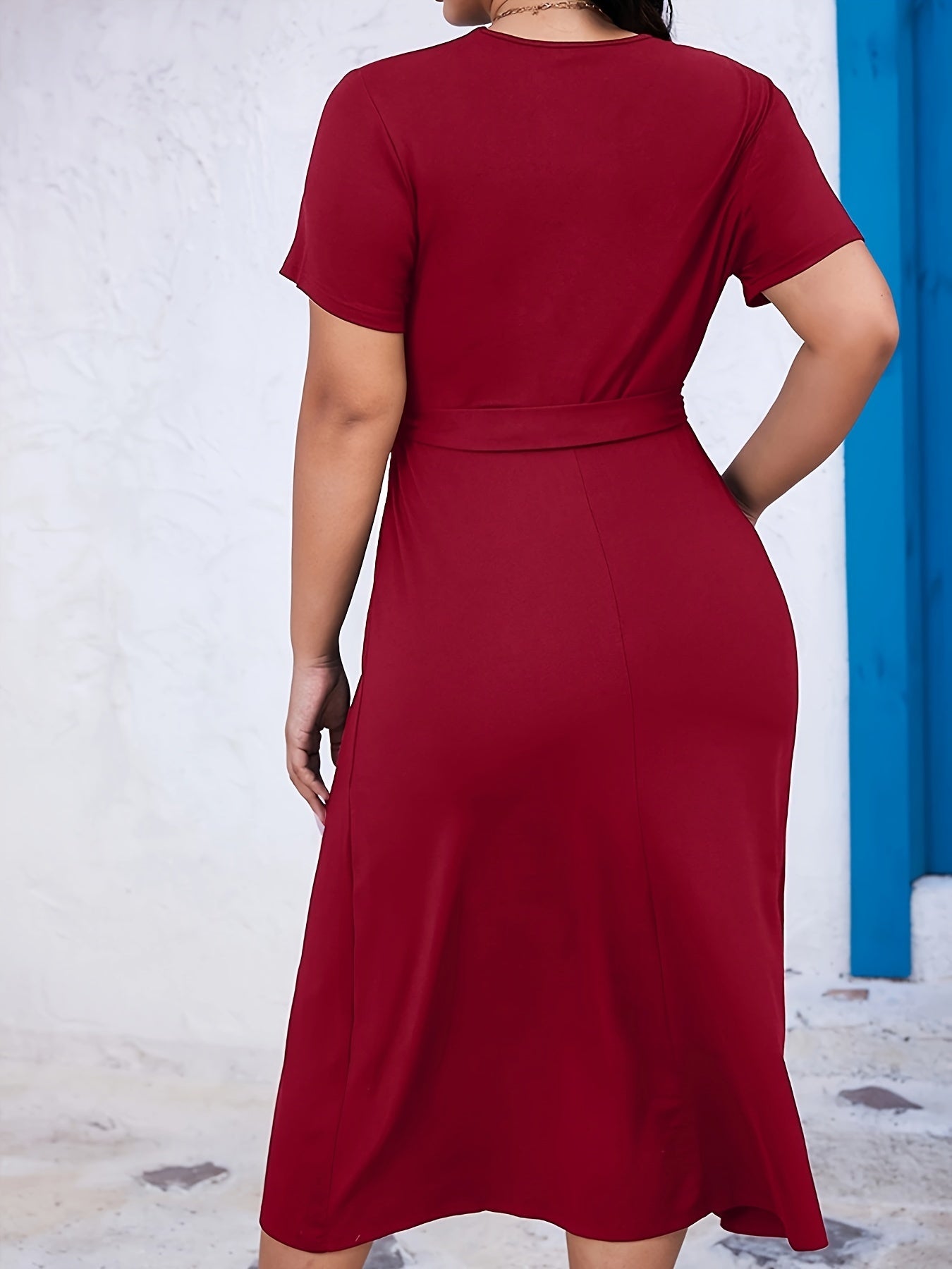 Solid V Neck Short Sleeve Dress With Belt