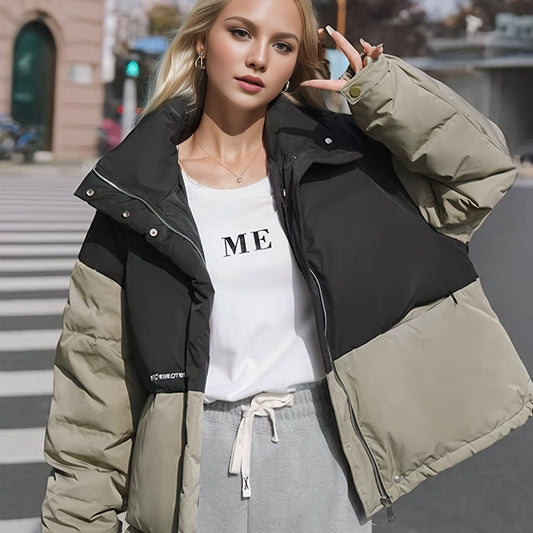 Block Stand Collar Puffer Jacket Coat Zip Up Warm Short Jacket Coat