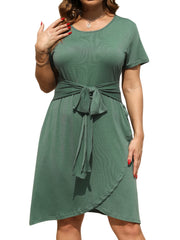 Short Sleeve Belted Dress With Pockets