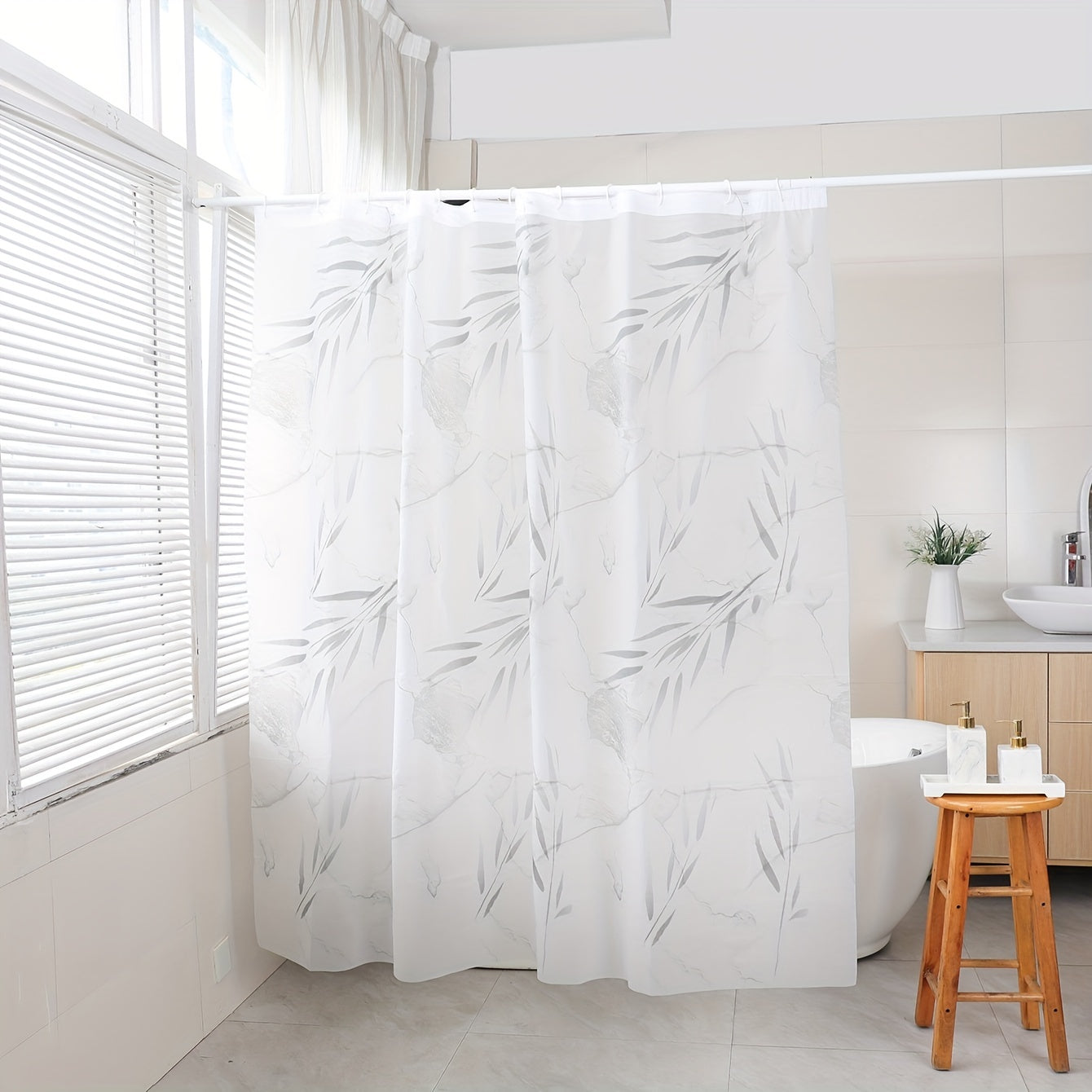 Gray Bamboo Leaf Pattern Shower Curtain Waterproof