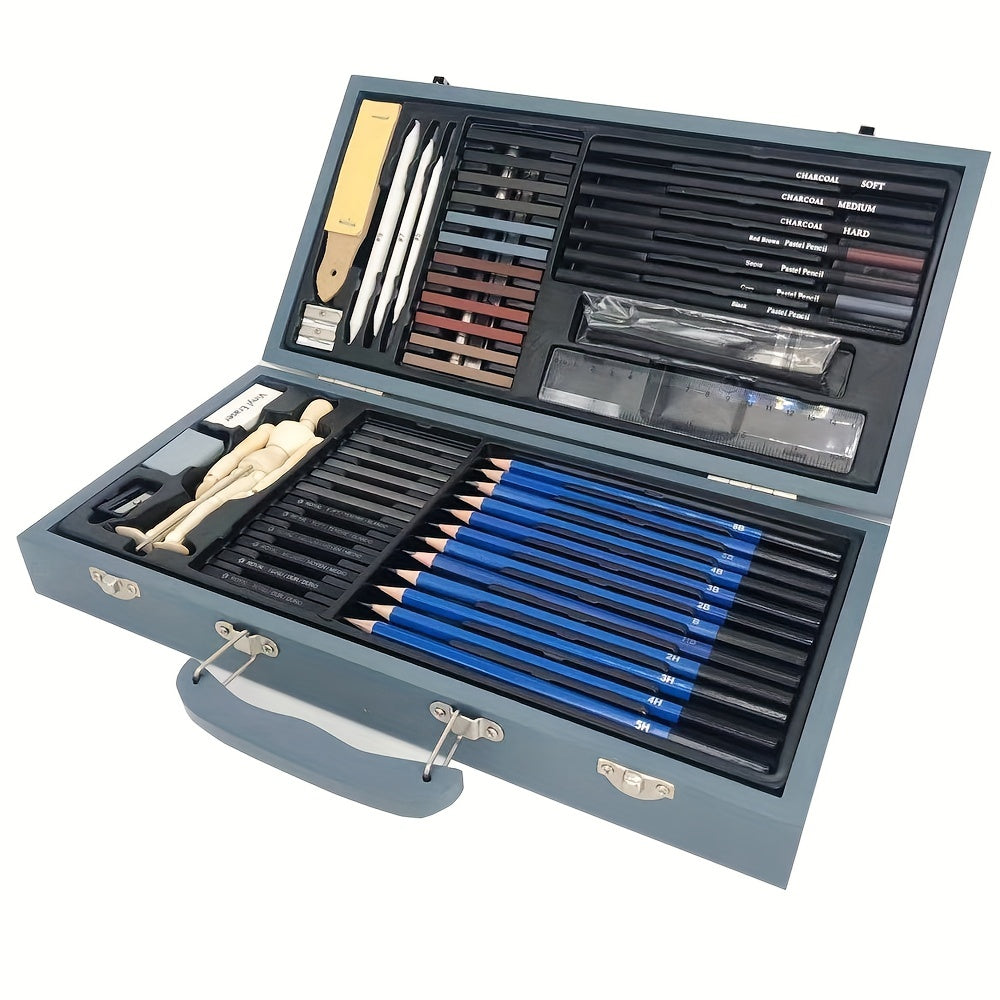 60pcs Wooden Box Sketching Pencil Set Art Drawing Sketching Charcoal Drawing Set