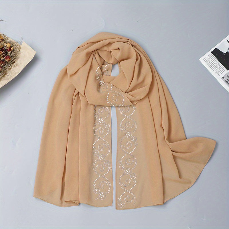 Khaki Chiffon Scarf Hijab Rhinestone Decor Shawl