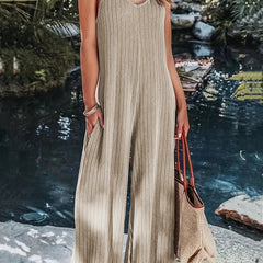 Ribbed V Neck Wide Leg Jumpsuit With Pockets