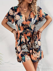 Tropical Print Romper Jumpsuit V neck Flutter Sleeve