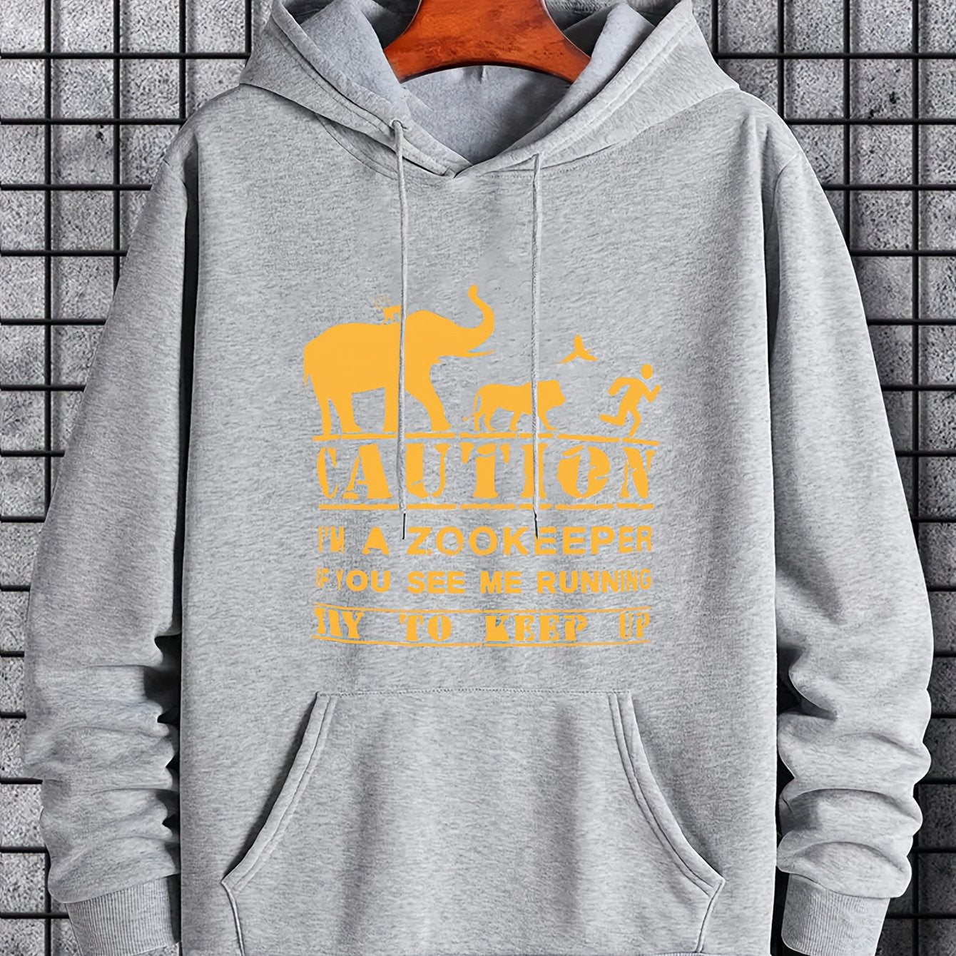 Men's Caution Print Hoodie Casual Stretch Hooded Sweatshirt