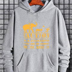 Men's Caution Print Hoodie Casual Stretch Hooded Sweatshirt