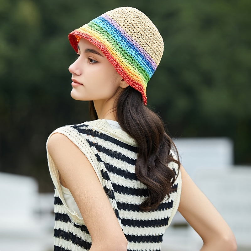Rainbow Gradient Khaki Bucket Hat Short Brim Straw Fisherman Cap