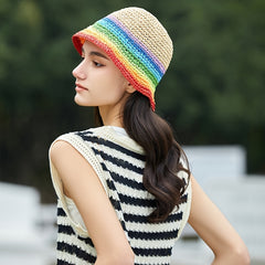 Rainbow Gradient Khaki Bucket Hat Short Brim Straw Fisherman Cap