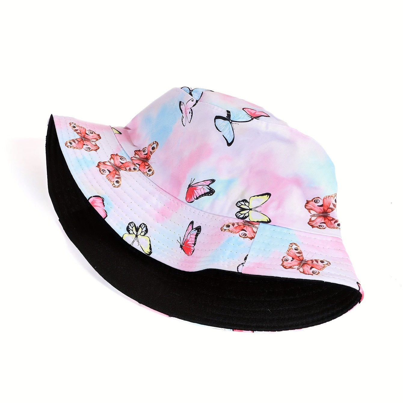 Pink Butterfly Bucket Hat Lightweight Tie Dye Sunscreen Fisherman Cap