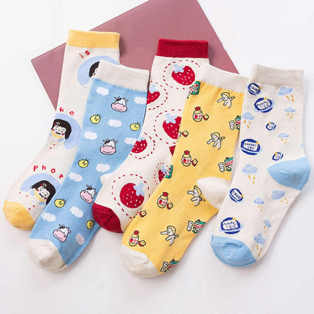 5 Pairs Women's Novelty Cartoon Pattern Crew Socks Multicolor Casual Breathable