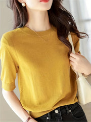 Half Sleeve Knit Sweater Crew Neck Solid Sweater For Spring & Summer